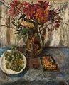 Composition au bouquet de fleurs et aux raisins